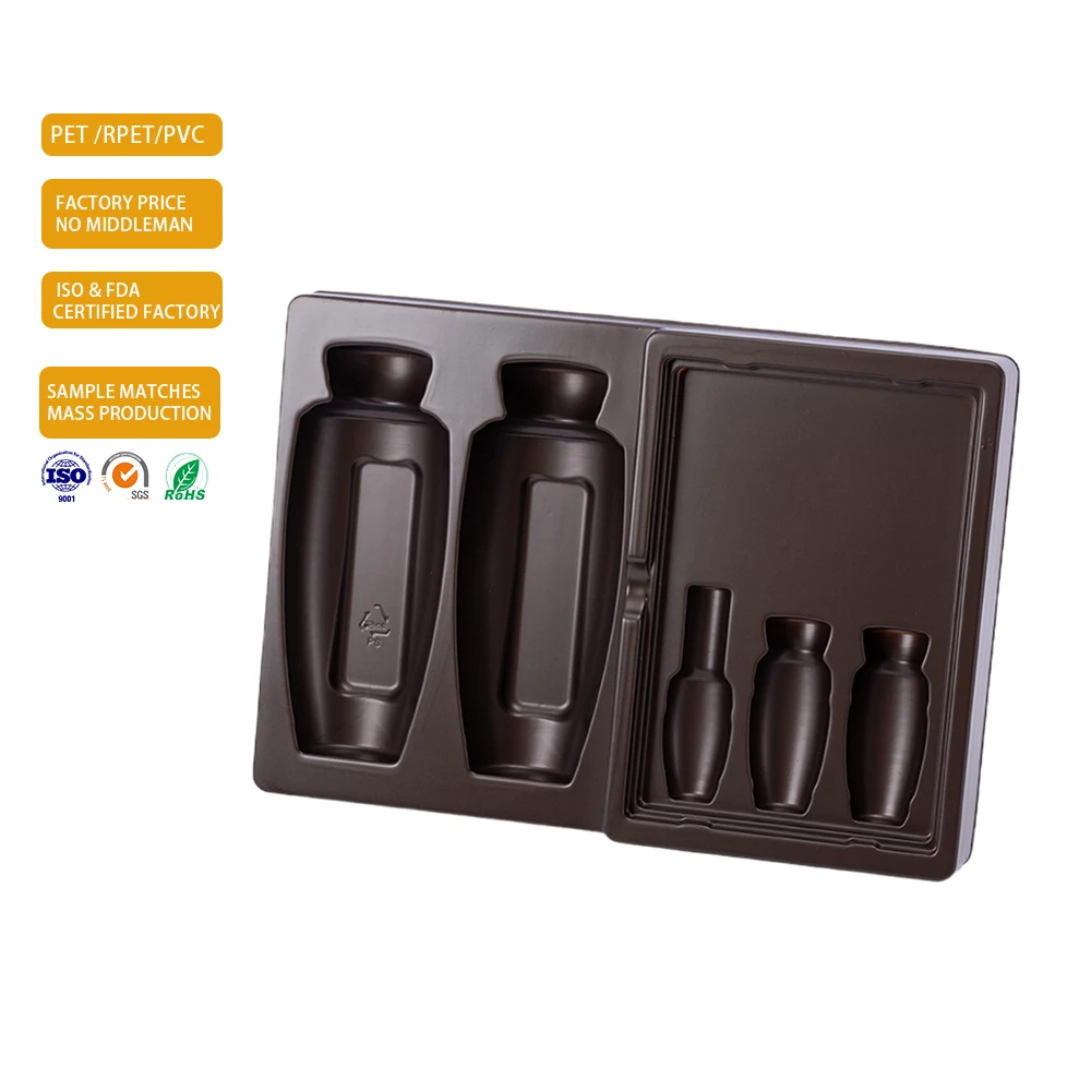 Custom Disposable PET Flocking Blister Tray Vacuum Forming Custom Sizes Skin Care Perfume Shampoo Cosmetic Packaging Embossing