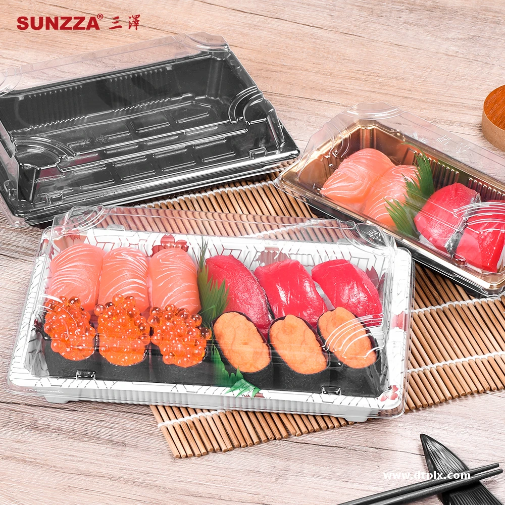 Sunzza Package Custom High Quality Beautiful Printing Anti-fog Lid Blister Plastic Disposable Fast Food Sushi Packing Tray