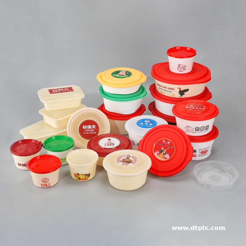 Disposable Plastic Microwavable Lunch Box with White Background and Red Lid PP Injection Molding Round Shape Logo Customization